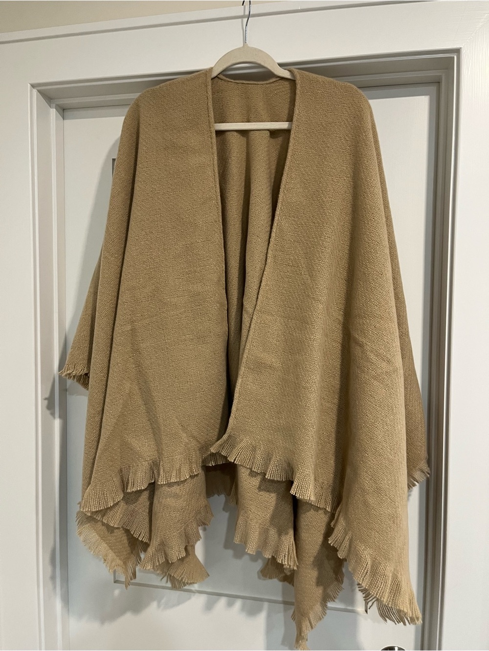 Neutral Tan Open-Front Fringe Women's Sweater Wrap